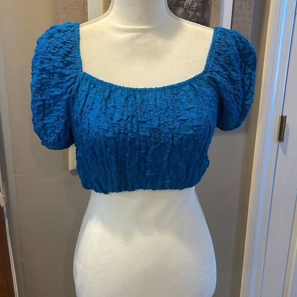 ZARA blue puff sleeve textured stretchy crop top BoHo bohemian - Picture 4 of 6